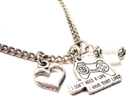 I Don't Need A Life I Have Many Lives Video Game Controller Necklace with Small Heart