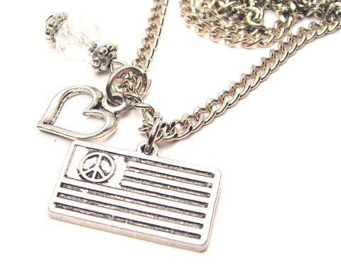 Peace Sign American Flag Heart And Crystal Necklace