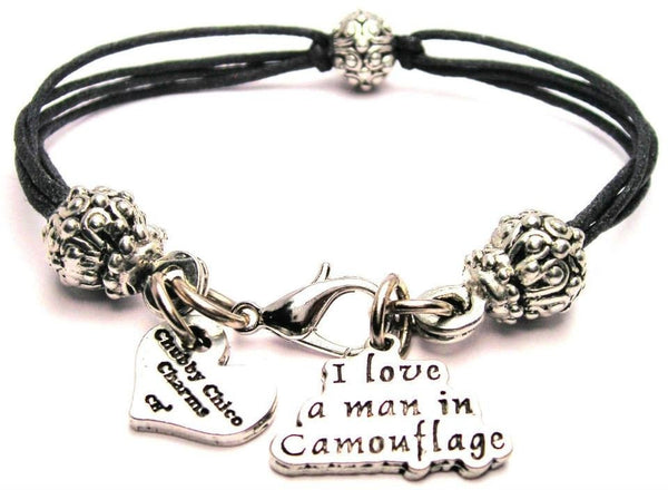 I Love A Man In Camouflage Beaded Black Cord Bracelet