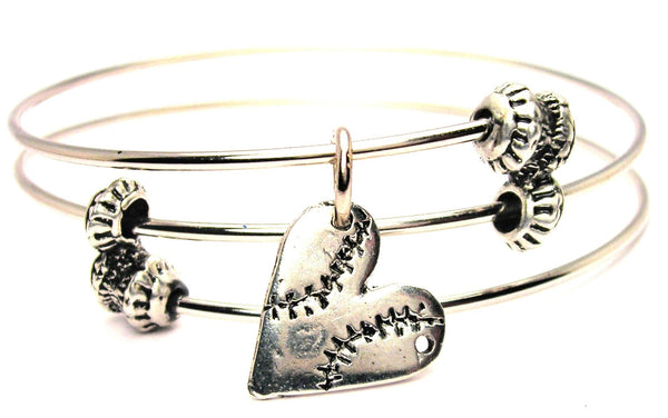 Heart Shaped Softball Triple Style Expandable Bangle Bracelet