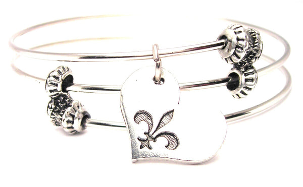 Heart With Fleur De Lis Triple Style Expandable Bangle Bracelet