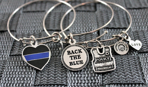 Back The Blue, Thin Blue Line, Police Vest Trio Expandable Bangles Bracelets Set