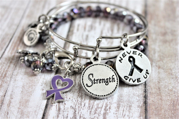 3 Bracelet Set Lupus Awareness Ribbon Never Give Up And Strength Expandable Bangle Bracelet Splash Of Color Set