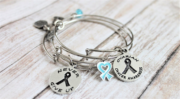 Ovarian Cancer Awareness Never Give Up Heart Shaped Awareness Ribbon Collection - 3 Piece Bracelet Set