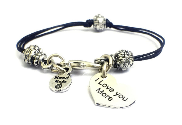 I Love You More Heart Beaded Black Cord Bracelet