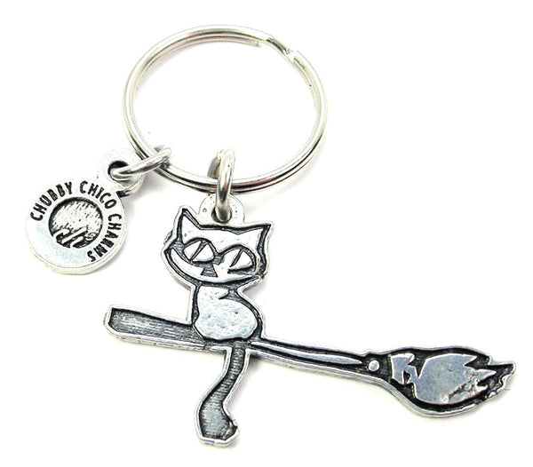 Black Cat On Broom Key Chain