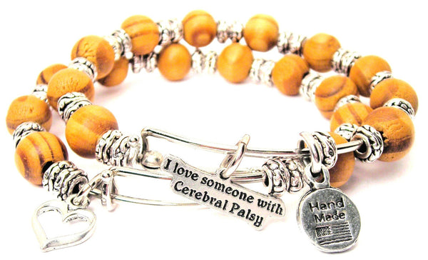 I Love Someone With Cerebral Palsy Natural Wood Double Bangle Set