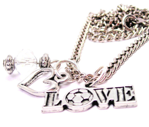 Love With Soccer Ball Heart And Crystal Necklace