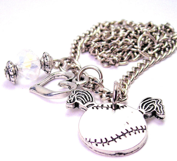 Softball With Pigtails Heart And Crystal Necklace