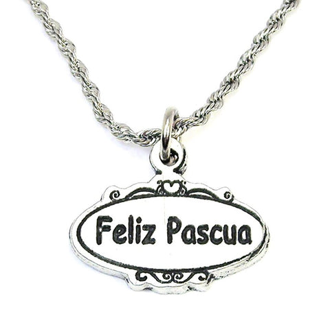 Feliz Pascua Scrolled Oval Plaque Single Charm Necklace