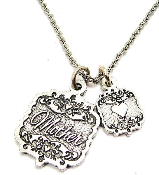 Mother Victorian Scroll With Victorian Accent Heart 20" Stainless Steel Rope Necklace