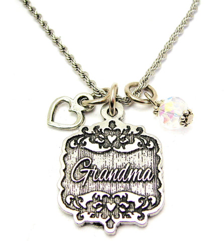 Grandma Victorian Scroll With With Open Heart And Crystal 20" Stainless Steel Rope Necklace