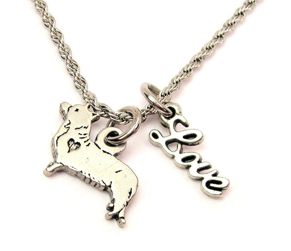 Standing Corgi 20" Chain Necklace With Cursive Love Accent