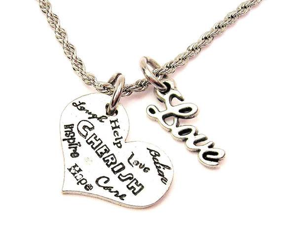 Cherish Love Hope Laugh Inspire 20" Chain Necklace With Cursive Love Accent