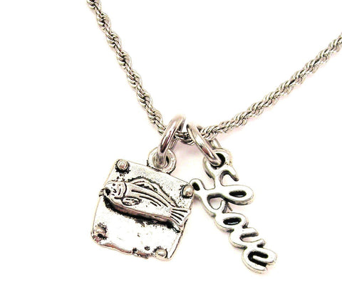 Fish Plaque 20" Chain Necklace With Cursive Love Accent