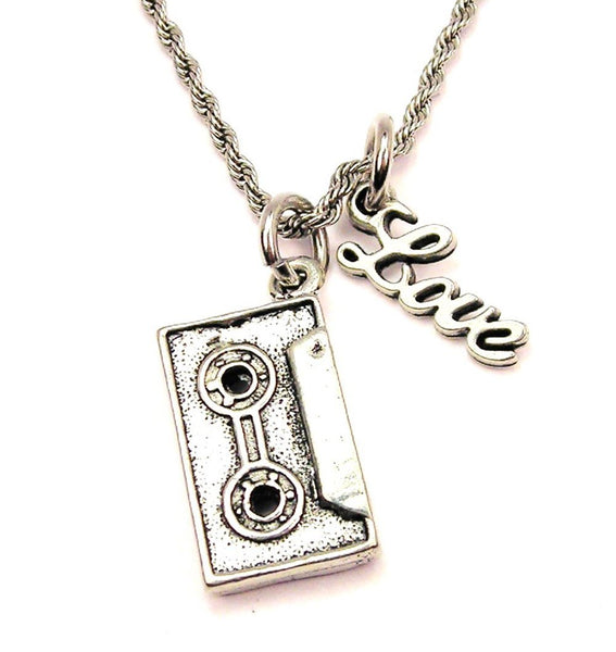 Retro Cassette Tape 20" Chain Necklace With Cursive Love Accent