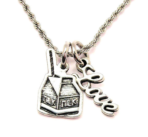 Little Milk Carton 20" Chain Necklace With Cursive Love Accent