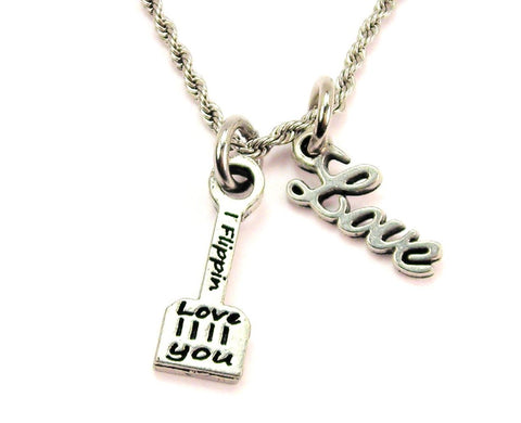 I Flippin Love You Spatula 20" Chain Necklace With Cursive Love Accent