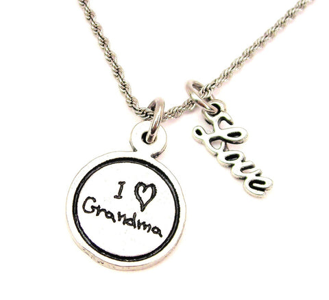 I Love Grandma Child Handwriting 20" Chain Necklace With Cursive Love Accent