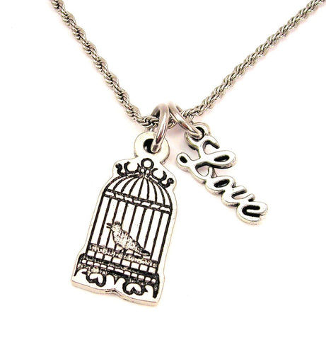 Caged Bird 20" Chain Necklace With Cursive Love Accent