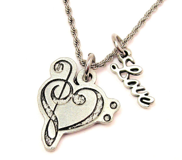 Treble Clef Bass Clef Heart 20" Chain Necklace With Cursive Love Accent