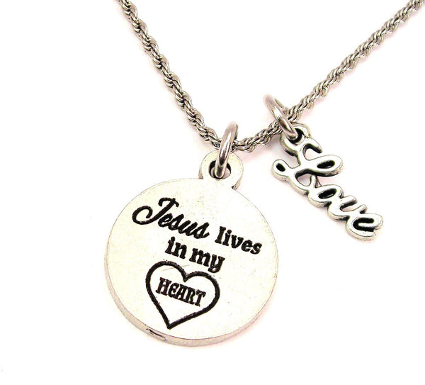 Jesus Lives In My Heart 20" Chain Necklace With Cursive Love Accent