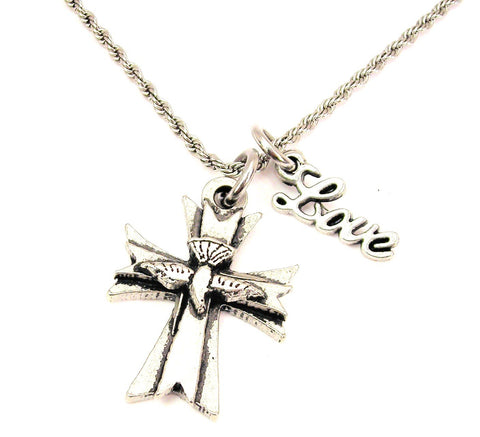 Diving Dove Cross 20" Chain Necklace With Cursive Love Accent