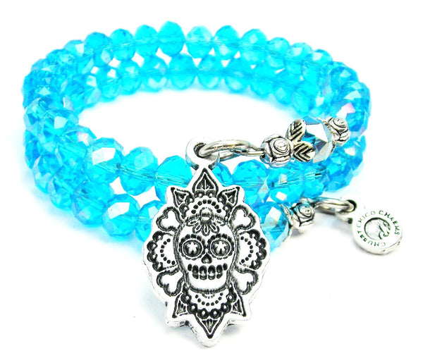 Traditional Sugar Skull And Crossbones Sea Siren Ocean Glass Wrap Bracelet