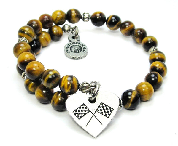 Crossed Race Flags In A Heart Tiger's Eye Glass Beaded Wrap Bracelet