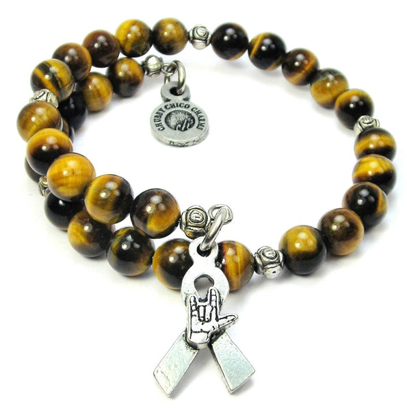 I Love You In Sign Language Awareness Ribbon Tiger's Eye Glass Beaded Wrap Bracelet