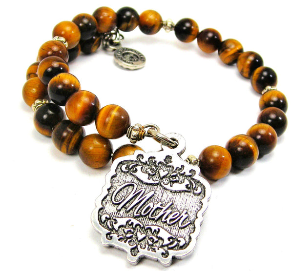 Mother Victorian Scroll Tiger's Eye Glass Beaded Wrap Bracelet