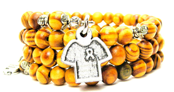 T-Shirt With Awareness Ribbon Natural Wood Wrap Bracelet