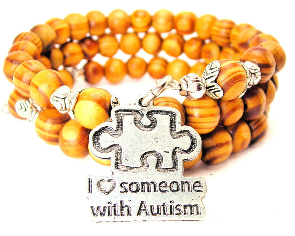 I Love Someone With Autism With Puzzle Piece Natural Wood Wrap Bracelet