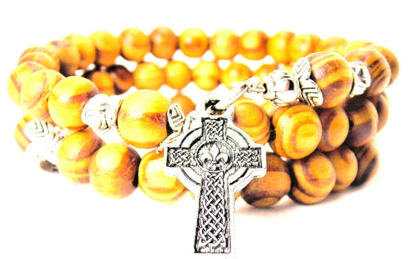 Celtic Cross With Fleur De Lis Center Natural Wood Wrap Bracelet