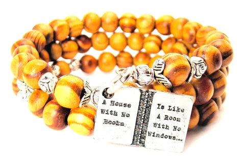 A House With No Books Is Like A Room With No Windows Natural Wood Wrap Bracelet