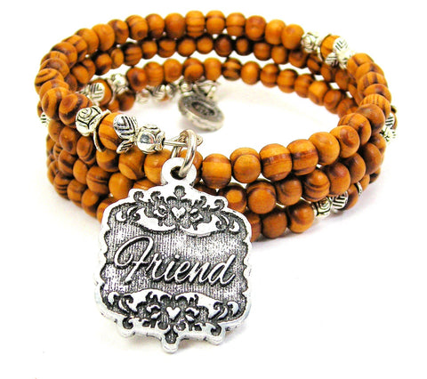 Friend Victorian Scroll Natural Wood Wrap Bracelet