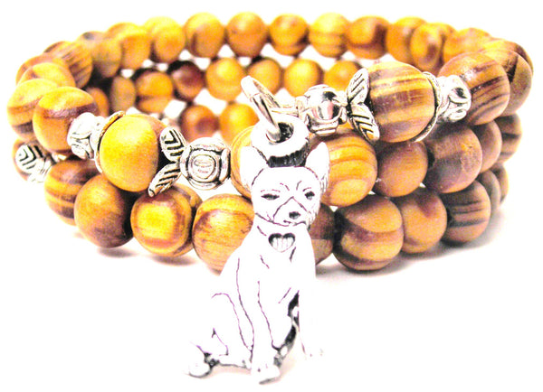 Sitting Chihuahua With Heart Natural Wood Wrap Bracelet