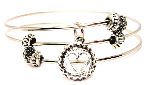 Heart Cut Out In Bottle Cap Triple Style Expandable Bangle Bracelet