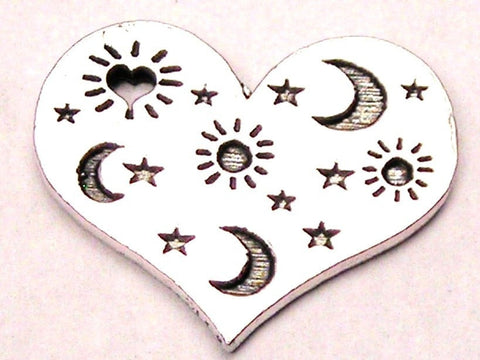 Heart With Many Moon Stars And Suns Genuine American Pewter Charm