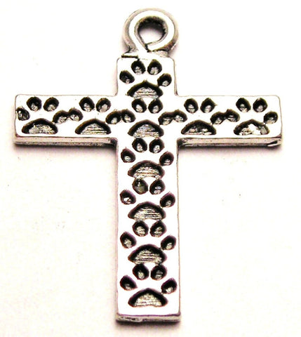 Paw Prints On Cross Genuine American Pewter Charm