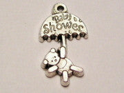 Teddy Bear Hanging On Baby Shower Umbrella Genuine American Pewter Charm